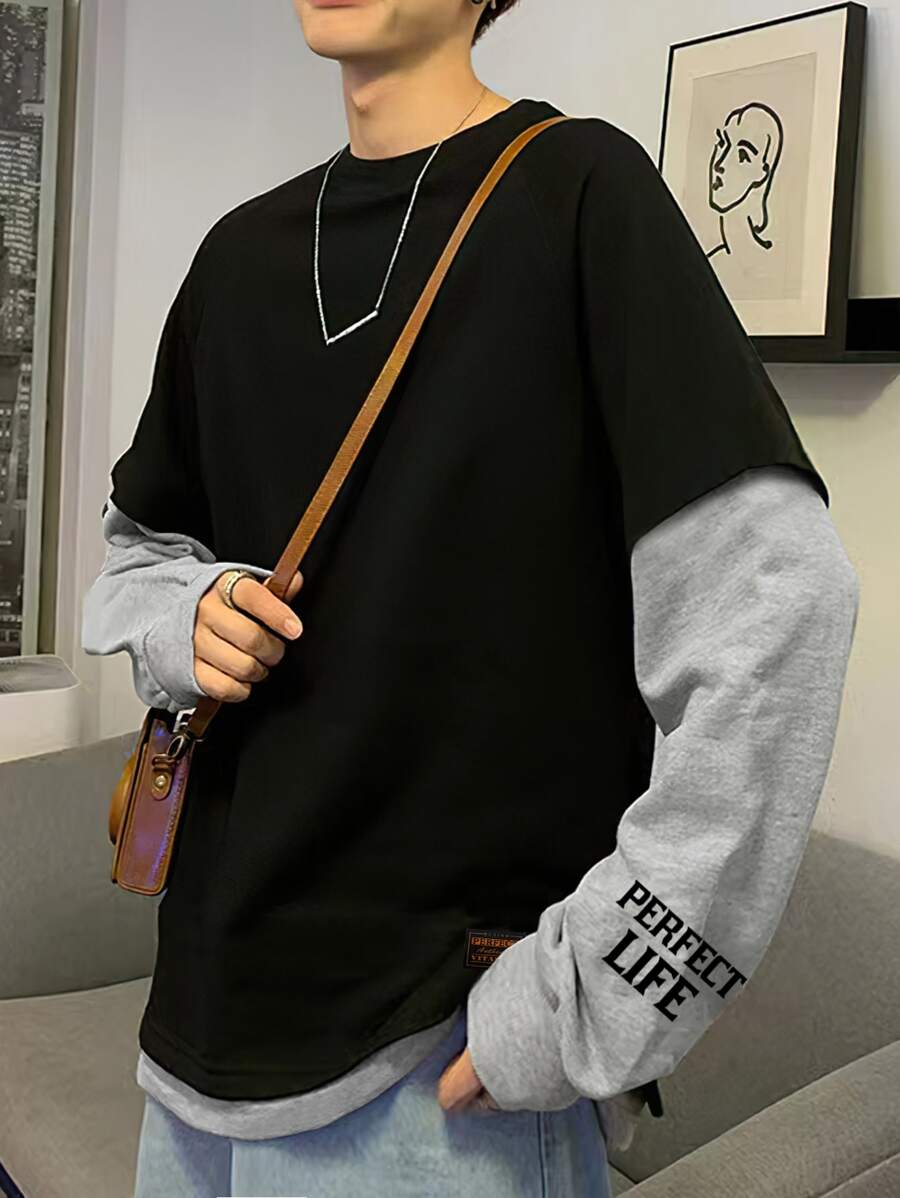 Manfinity Hypemode Hombres Letra Gráfica 2 En 1 Jersey Holgado - Negro - Ver 1