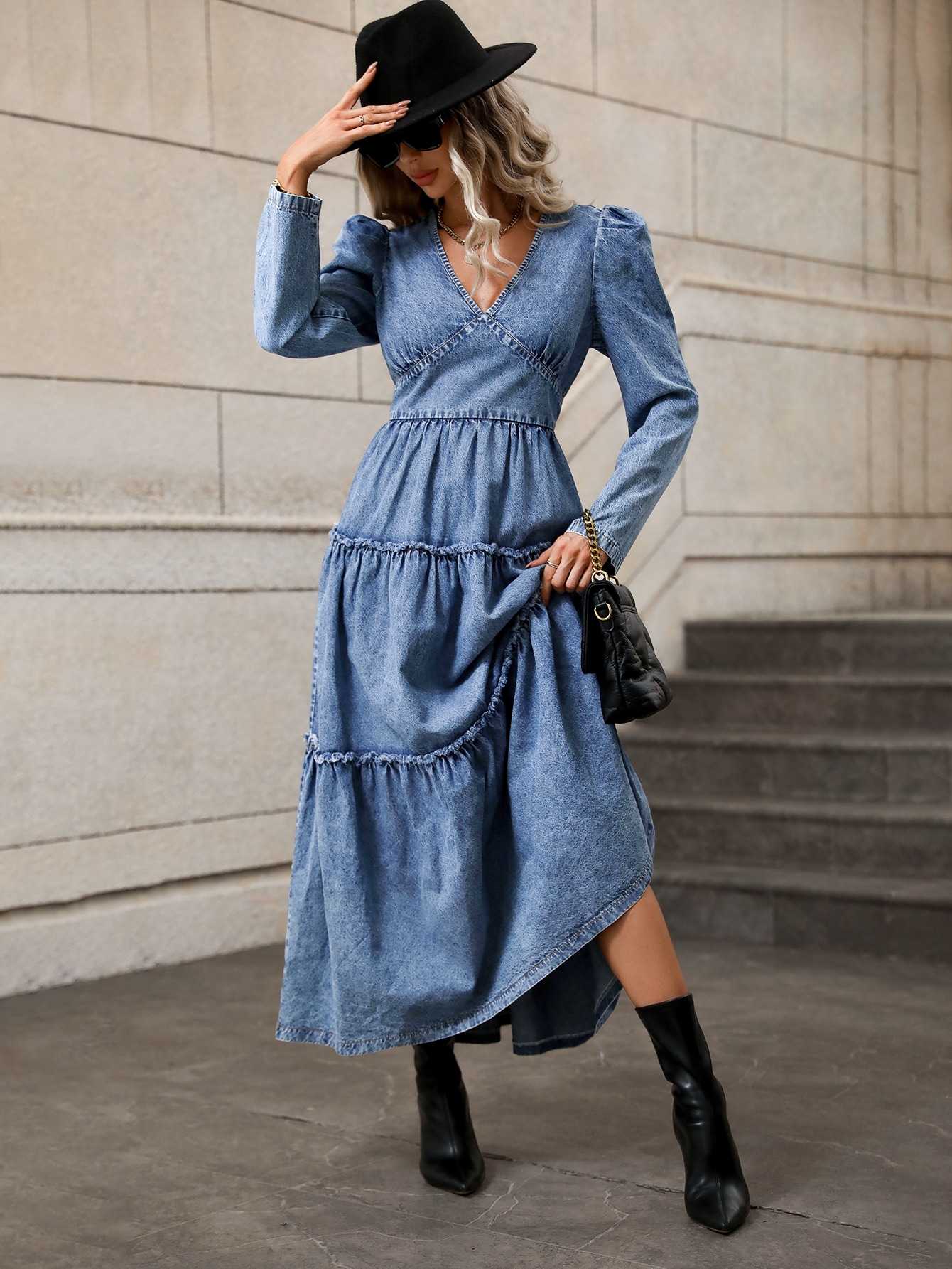 Puff Sleeve Ruffle Hem Denim Dress SHEIN USA