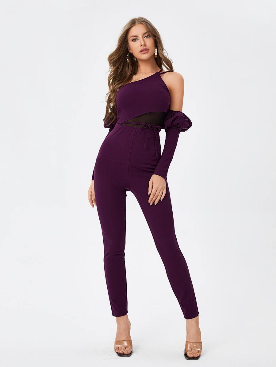 Nkao Hle Hang One Shoulder Mesh Insert Ruffle Trim Jumpsuit With Arm ...