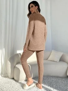 Marled Knit Split Hem Top & Leggings Lounge Set - Camel - View 2