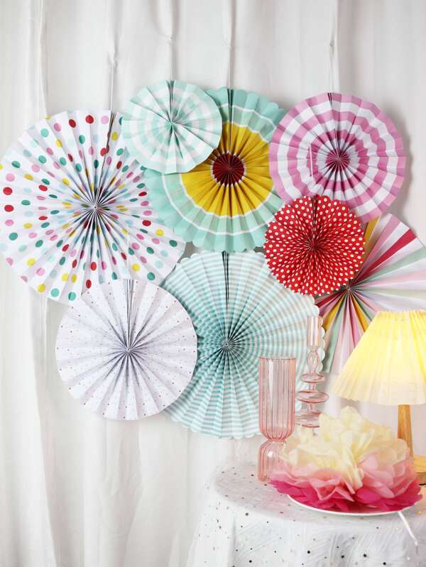 8pcs Polka Dot & Striped Pattern Hanging Paper Fan SHEIN USA