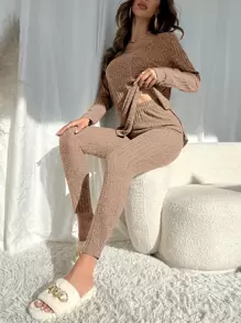 Marled Knit Split Hem Top & Leggings Lounge Set - Camel - View 1