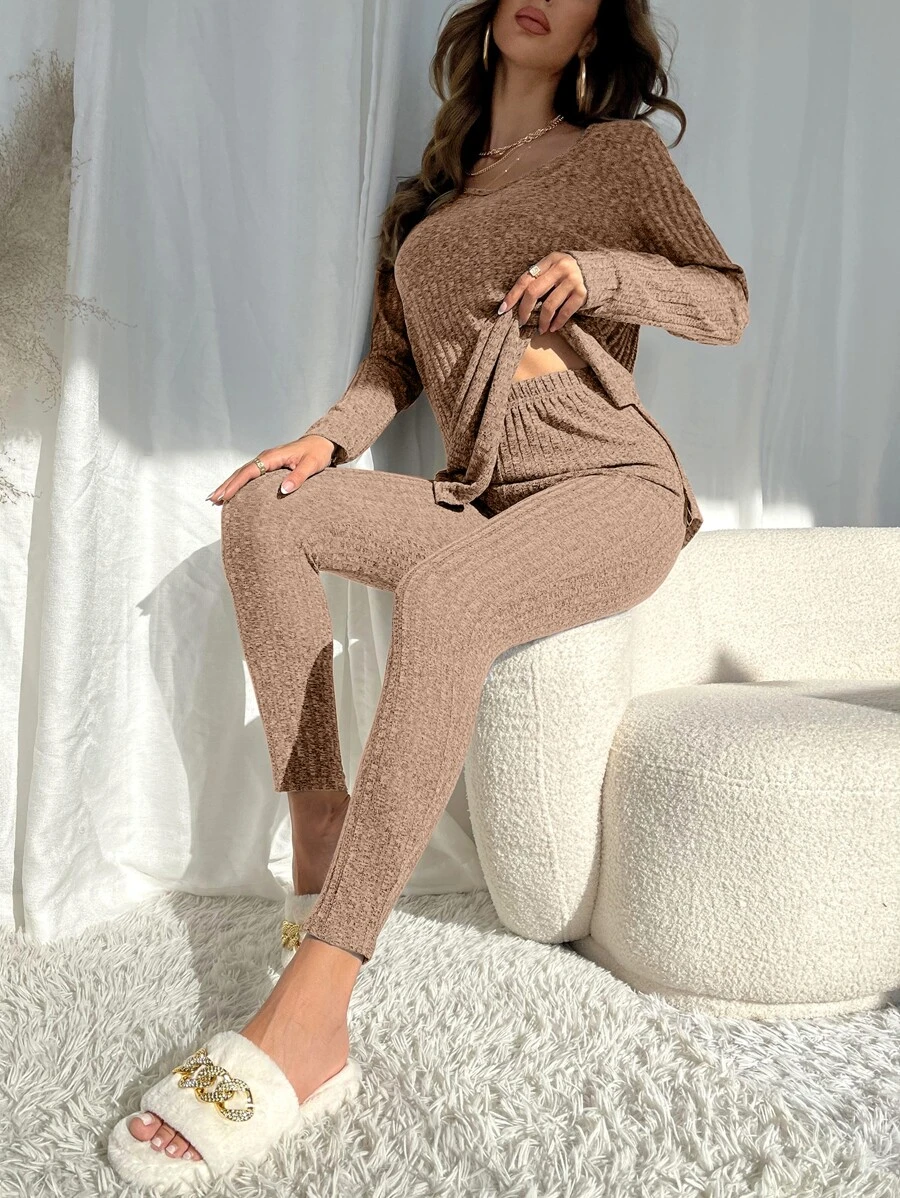 Marled Knit Split Hem Top & Leggings Lounge Set - Camel - View 1