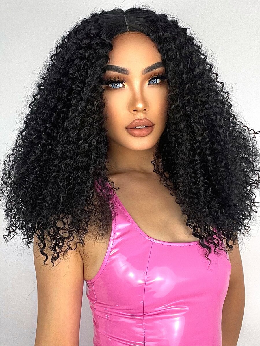 中長波波頭假髮，適用於女士，非洲卷曲髮型，漸層黑色合成纖維材質，黑色頭套可clip固定