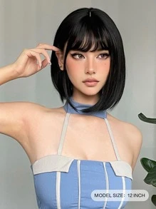黑色短波波合成假髮，自然黑帶瀏海，女士合成波波假髮 - 黑色 - 查看 3