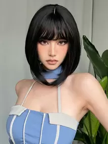 黑色短波波合成假髮，自然黑帶瀏海，女士合成波波假髮 - 黑色 - 查看 5