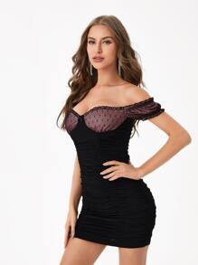 Leslie Samano Off Shoulder Contrast Mesh Ruched Bodycon Dress - Black - View 6