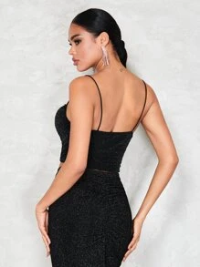 SHEIN BAE 水鑽細節垂褶領金屬亮絲吊帶上衣 - 黑色 - 查看 2