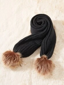 Toddler Kids Pom Pom Decor Knit Scarf - Black - View 2