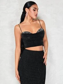 SHEIN BAE 水鑽細節垂褶領金屬亮絲吊帶上衣 - 黑色 - 查看 6