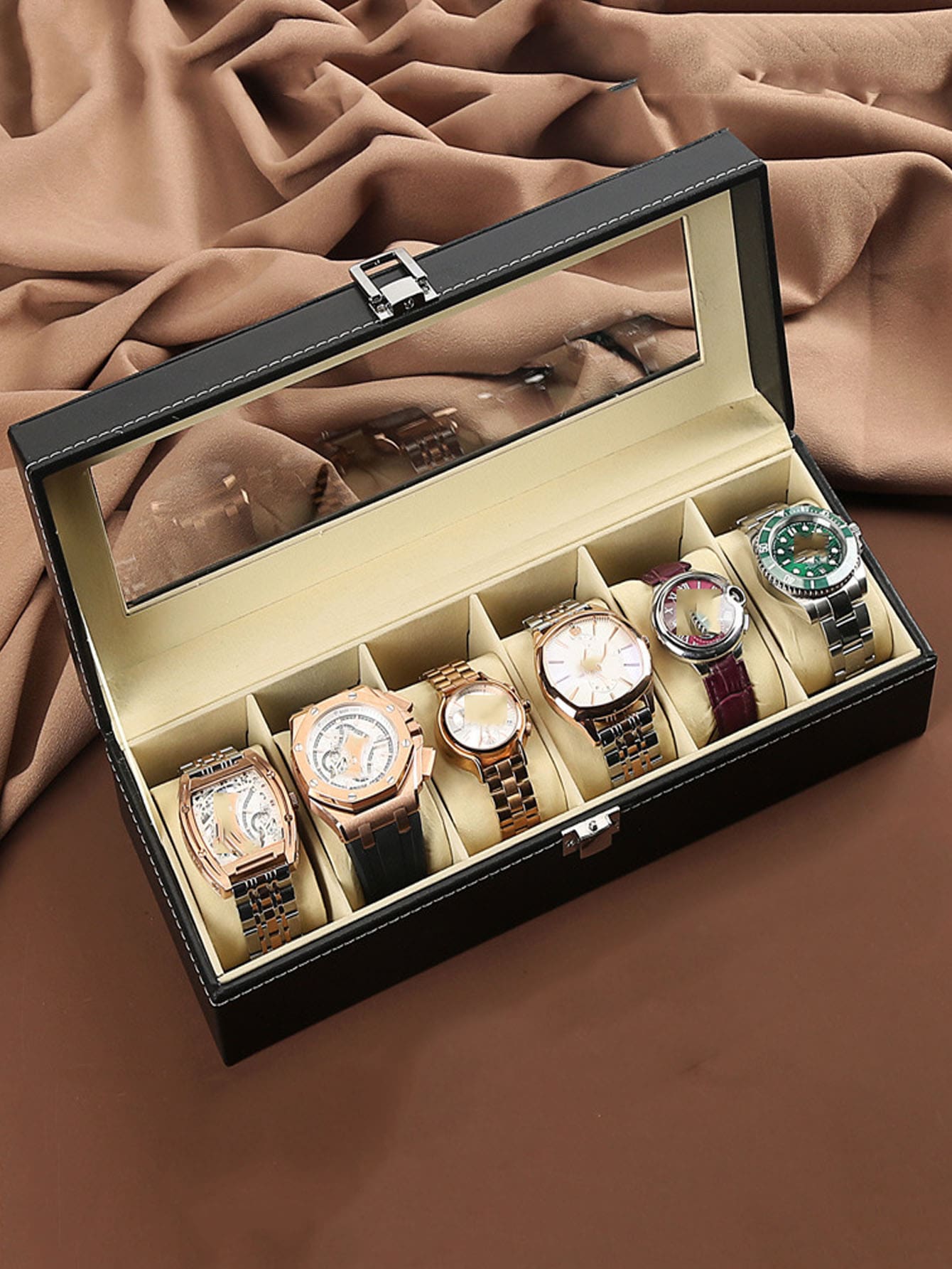 1入組針腳細節透明黑色PU手錶展示盒適用於家庭收納 - 黑色 - 查看 1