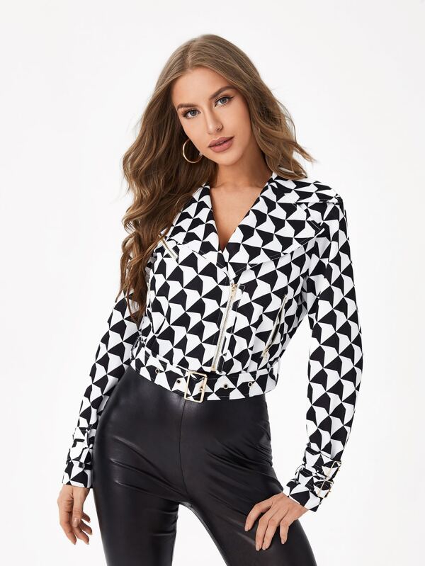 Nicci Hou Designer Geo Print Belted Zip Up Jacket, Holiday, Thanksgiving, Winter