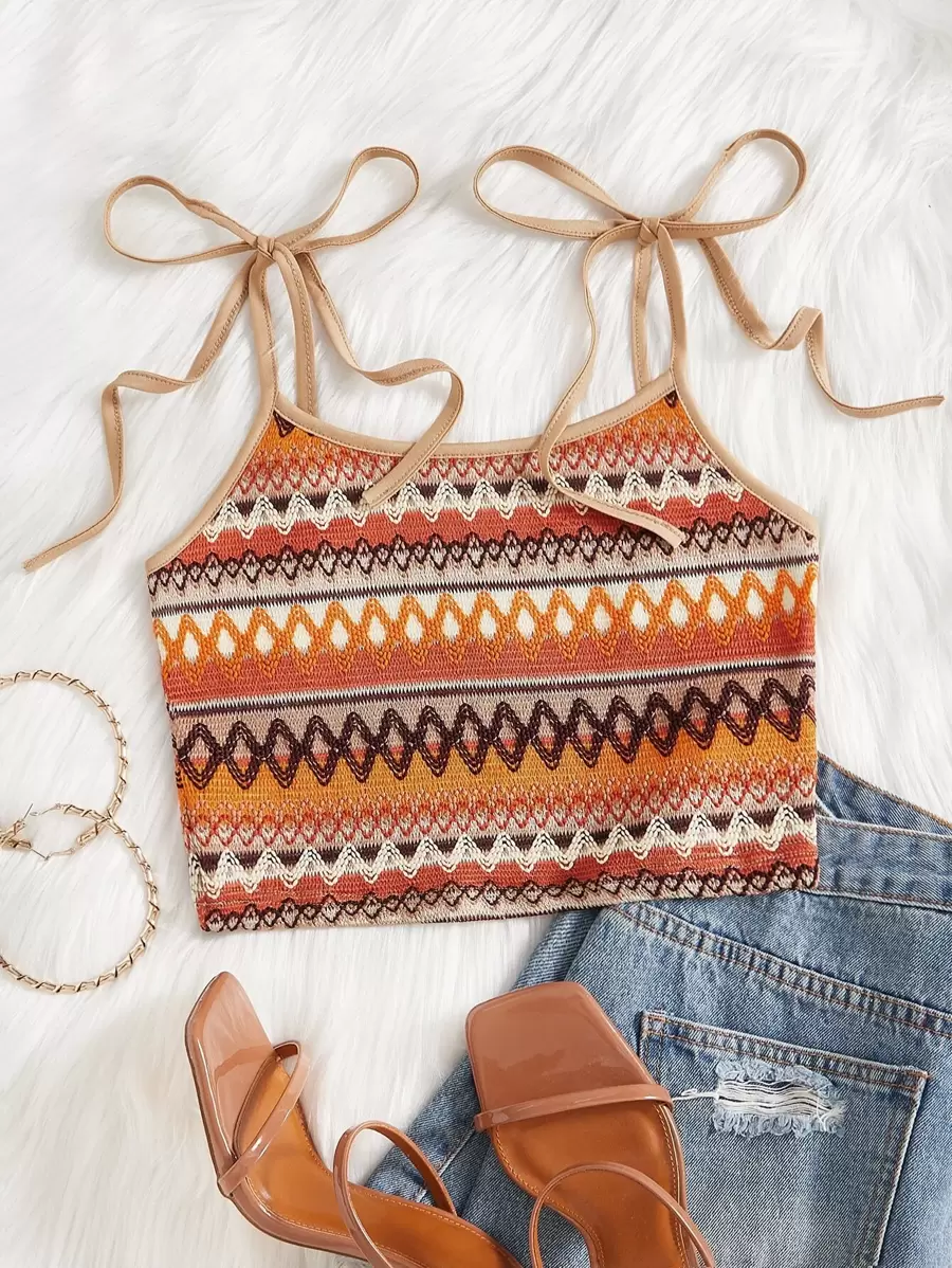 Soleia WYWH Vacation Geo Print Tie Shoulder Cami Boho Top - Multicolor - View 1