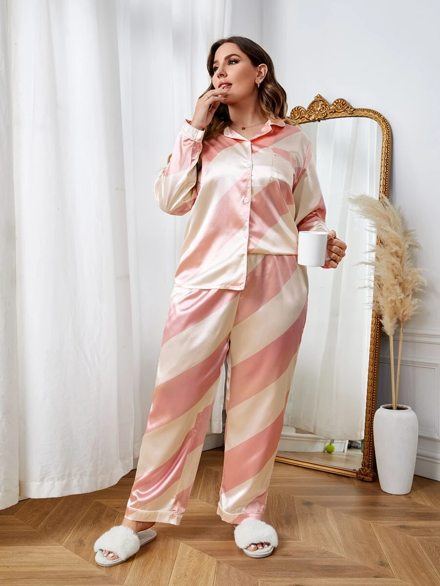 Conjunto de pijama de color combinado de satén - Multicolor - Ver 1