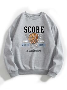 SHEIN EZwear Basketball And Letter Graphic Thermal Lined Sweatshirt - Grey - View 1