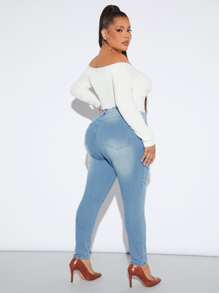 SHEIN SXY Plus High Waist Ripped Skinny Jeans - Light Wash - View 2