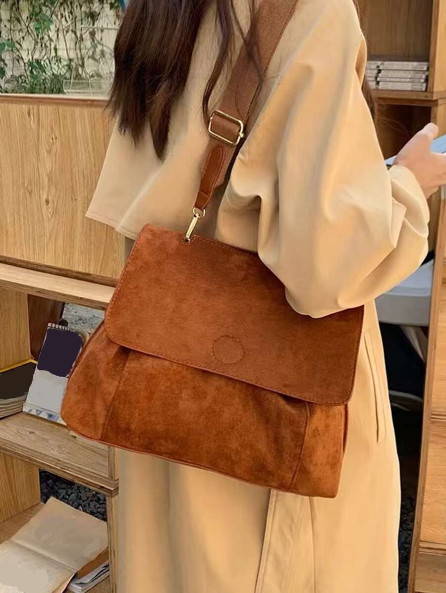 Vintage Suede Flap Crossbody Bag, Women's Solid Colour Messenger Bag, Casual Travel Shoulder Bag - Brown - View 1