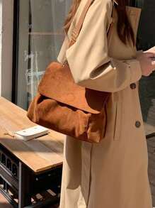 Vintage Suede Flap Crossbody Bag, Women's Solid Colour Messenger Bag, Casual Travel Shoulder Bag - Brown - View 3