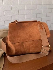 Vintage Suede Flap Crossbody Bag, Women's Solid Colour Messenger Bag, Casual Travel Shoulder Bag - Brown - View 4