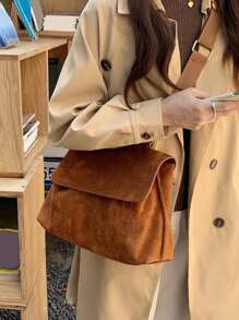 Vintage Suede Flap Crossbody Bag, Women's Solid Colour Messenger Bag, Casual Travel Shoulder Bag - Brown - View 7