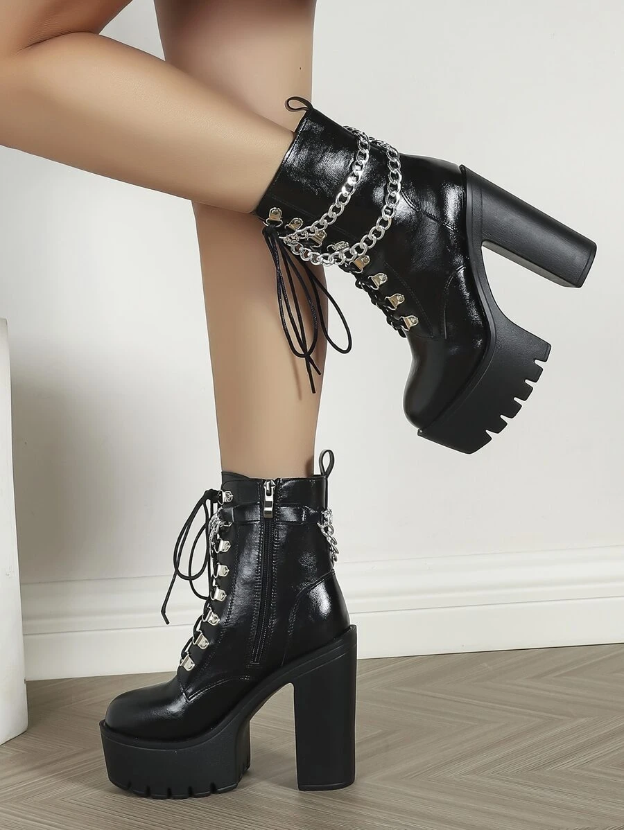 Chain Decor Lace-up Front Platform Chunky Heeled Combat Boots - Black - View 1