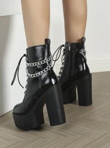 Chain Decor Lace-up Front Platform Chunky Heeled Combat Boots - Black - View 3