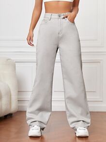 Quần jean nữ Nút Túi Dây kéo màu trơn - Màu Xám nhạt - Xem 1