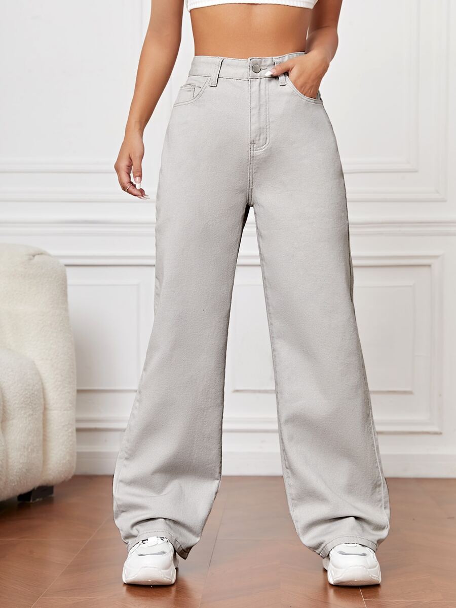 Quần jean nữ Nút Túi Dây kéo màu trơn - Màu Xám nhạt - Xem 1