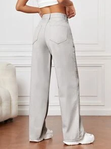 Quần jean nữ Nút Túi Dây kéo màu trơn - Màu Xám nhạt - Xem 2