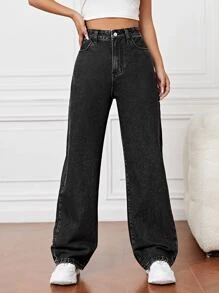SHEIN EZwear Quần jean nữ Nút Túi Dây kéo màu trơn - màu đen - Xem 1