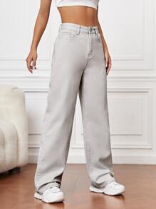 Quần jean nữ Nút Túi Dây kéo màu trơn - Màu Xám nhạt - Xem 5