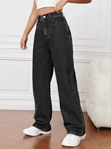 SHEIN EZwear Quần jean nữ Nút Túi Dây kéo màu trơn - màu đen - Xem 3