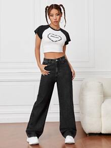 SHEIN EZwear Quần jean nữ Nút Túi Dây kéo màu trơn - màu đen - Xem 5
