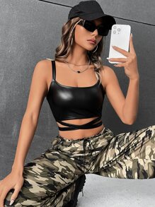 SHEIN ICON 十字交叉後綁帶PU皮革吊帶上衣 - 黑色 - 查看 4