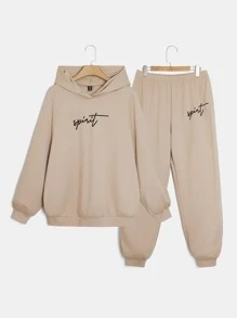 SHEIN EZwear Plus Letter Graphic Pullover & Joggers - Khaki - View 1