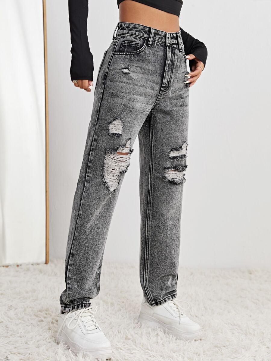 SHEIN EZwear 破洞媽媽牛仔褲 - 灰色 - 查看 1