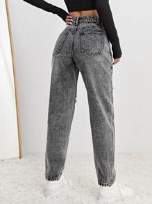 SHEIN EZwear 破洞媽媽牛仔褲 - 灰色 - 查看 2