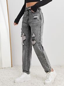 SHEIN EZwear 破洞媽媽牛仔褲 - 灰色 - 查看 3