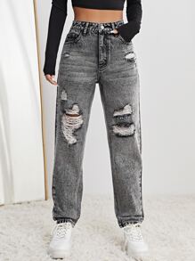 SHEIN EZwear 破洞媽媽牛仔褲 - 灰色 - 查看 5
