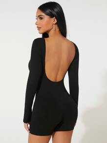 SHEIN PETITE Solid Backless Unitard Romper - Black - View 1