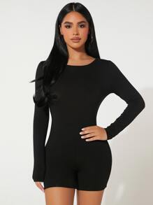 SHEIN PETITE Solid Backless Unitard Romper - Black - View 2