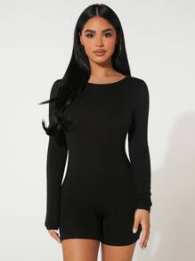 SHEIN PETITE Solid Backless Unitard Romper - Black - View 3