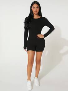 SHEIN PETITE Solid Backless Unitard Romper - Black - View 4