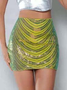 SHEIN BAE Contrast Sequin Bodycon Skirt - Lime Green - View 1