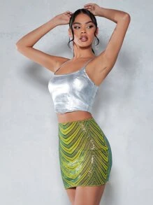 SHEIN BAE Contrast Sequin Bodycon Skirt - Lime Green - View 4