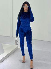 Geo Pattern Velvet Unitard Jumpsuit - Blue - View 1