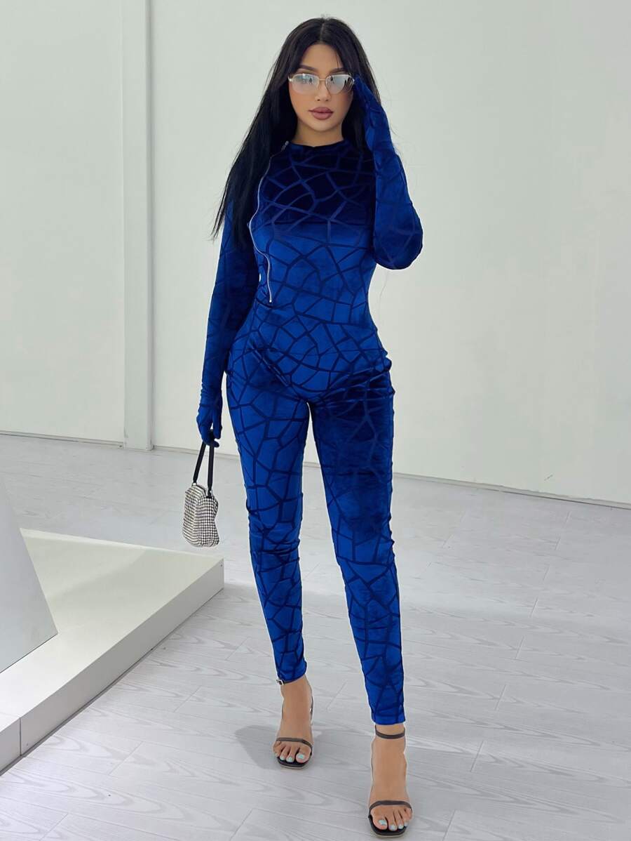Geo Pattern Velvet Unitard Jumpsuit - Blue - View 1
