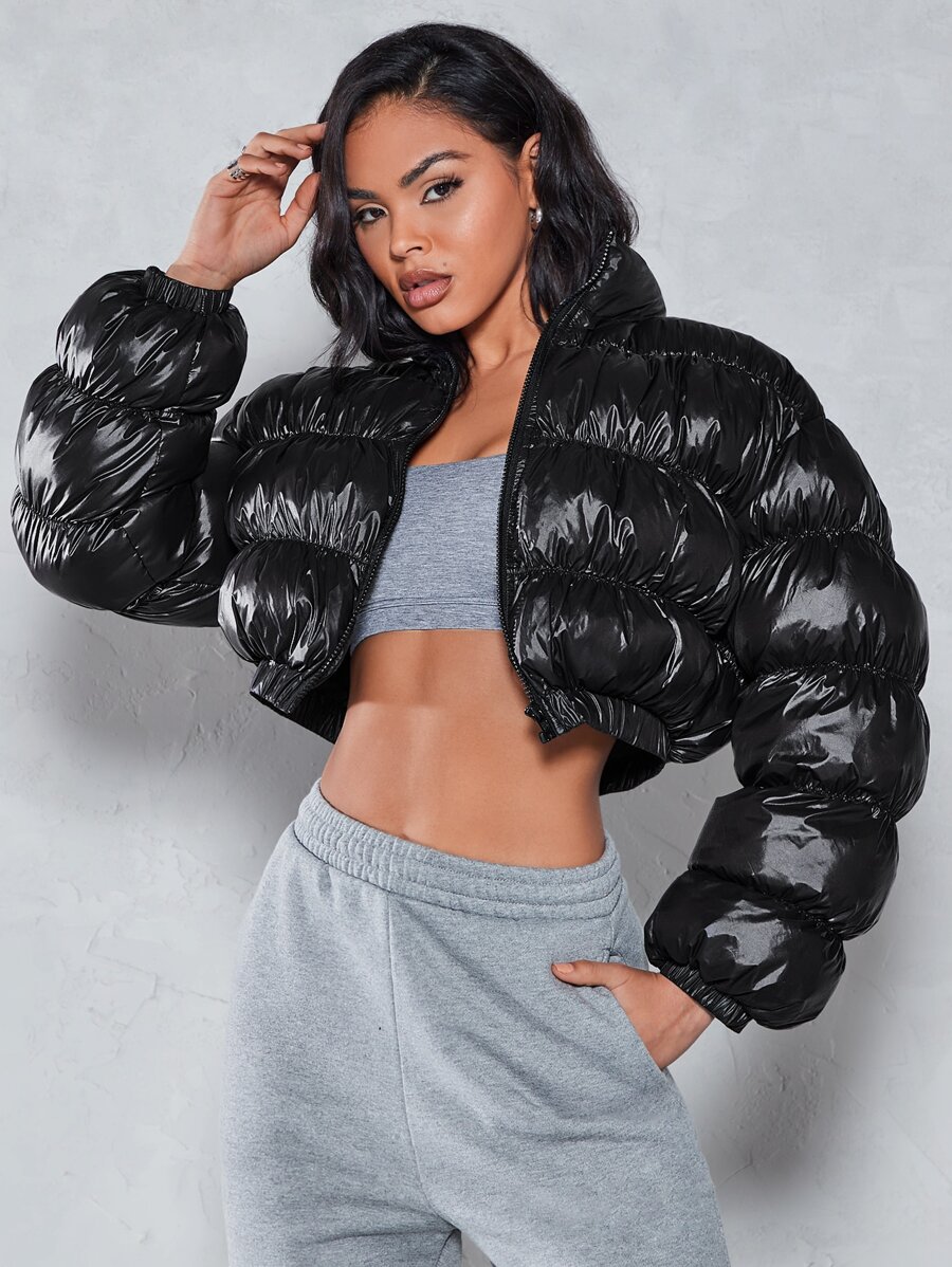SHEIN BAE Zip Up Crop Padded Coat For Winter - Black - View 1