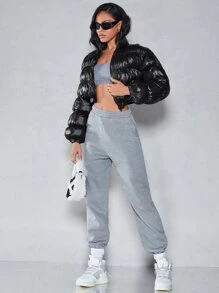 SHEIN BAE Zip Up Crop Padded Coat For Winter - Black - View 3