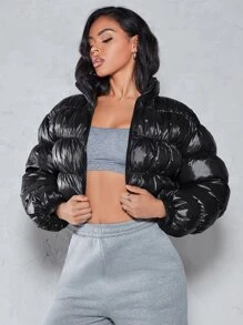 SHEIN BAE Zip Up Crop Padded Coat For Winter - Black - View 4